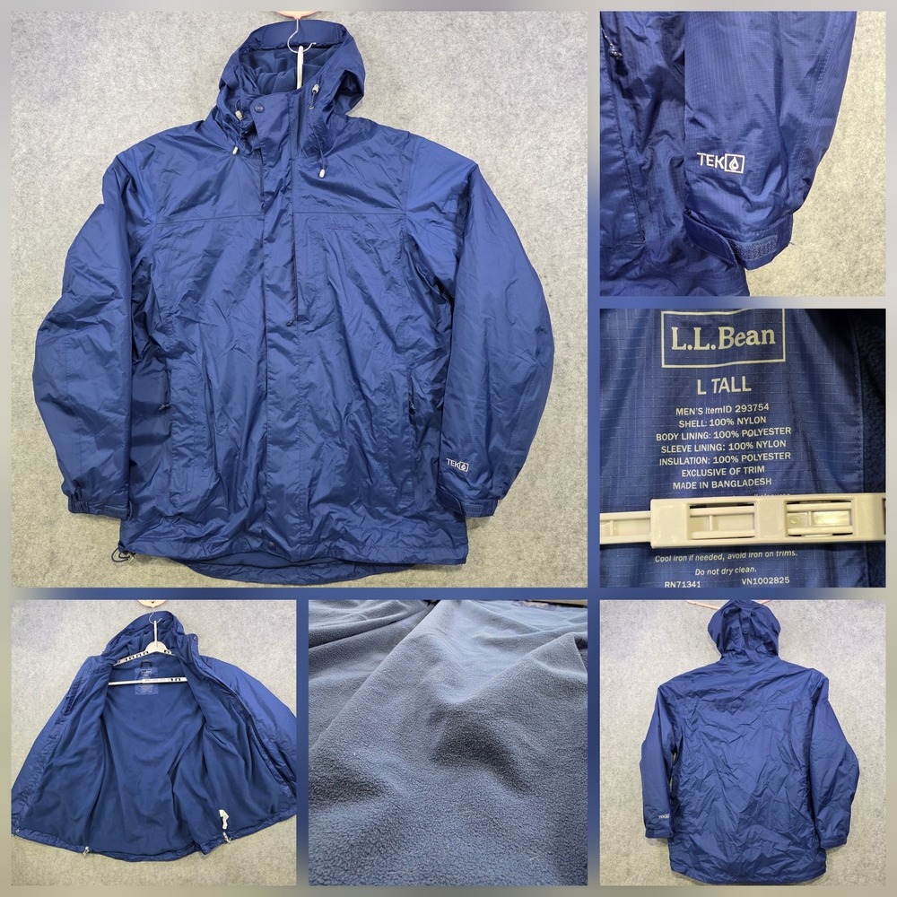 LL‎ Bean Jacket Mens LT Blue Hooded TEK Parka Fleece Lined Full Zip Hiking
